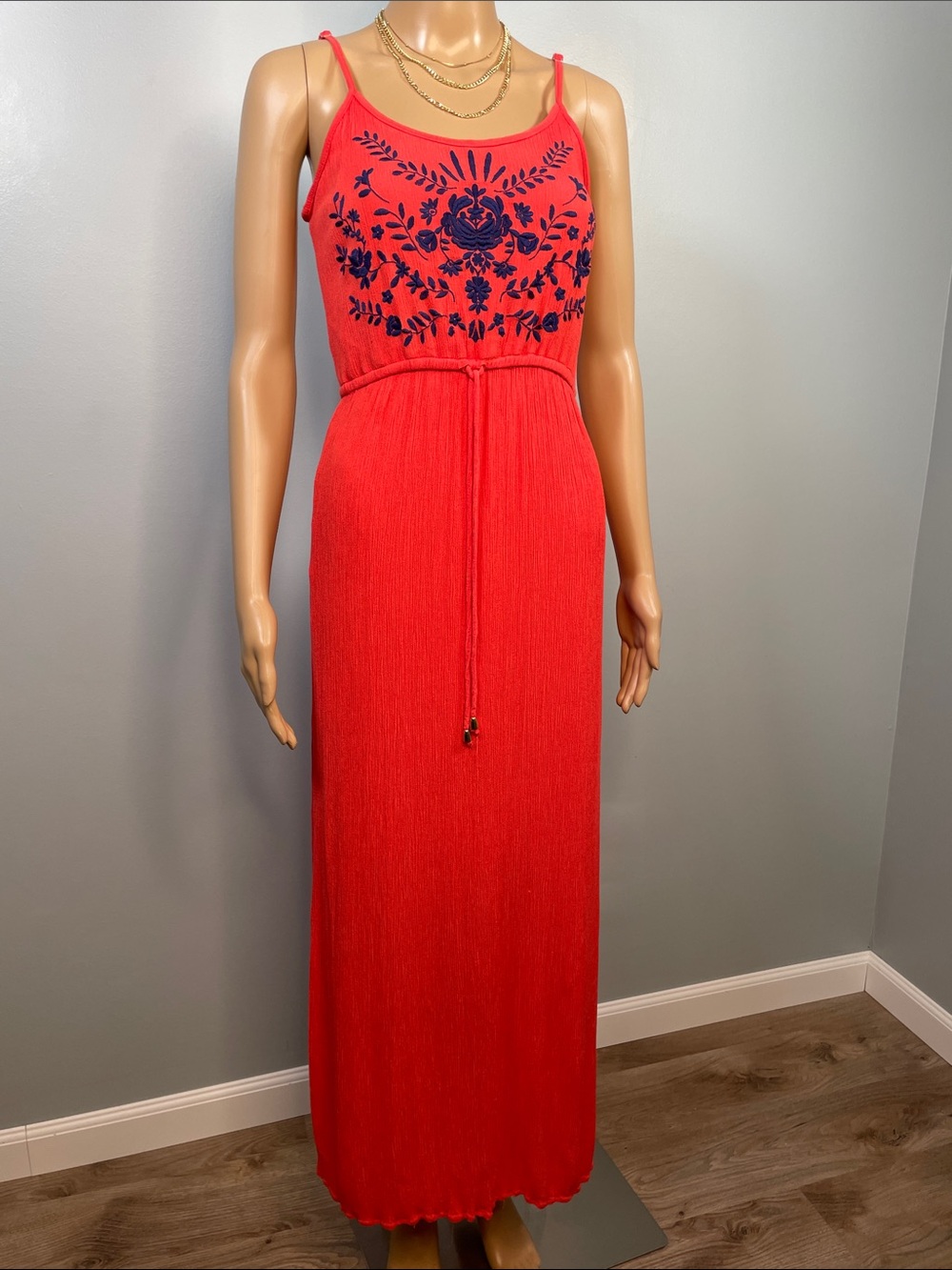 love on a hanger Red Maxi Dress with Navy Embroidery